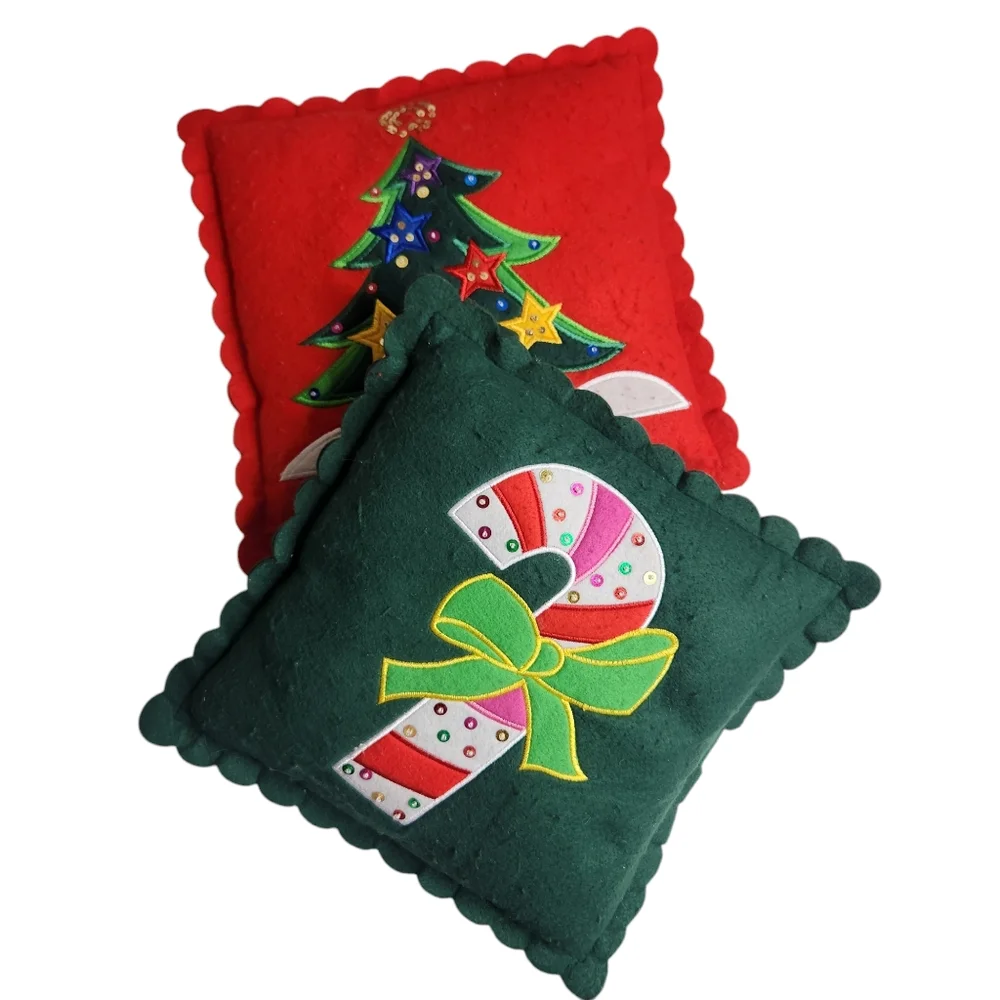 Vintage Christmas Tree Candy Cane Felt Handmade Holiday Red Throw Pillows